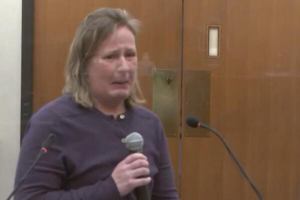 In this screen grab from video, former Brooklyn Center Police Officer Kim Potter speaks during a sentencing hearing Feb. 18, 2022 at the Hennepin County Courthouse in Minneapolis. Potter, who said she confused her handgun for her Taser when she fatally shot Daunte Wright has been sentenced to two years in prison. Potter was convicted in December of first- and second-degree manslaughter in the April 11 killing of Wright, who was Black. (Court TV via AP, Pool)