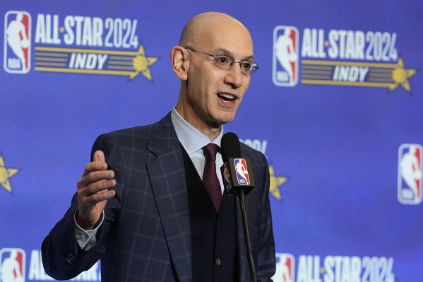 NBA Commissioner Adam Silver speaks during a news conference during the NBA basketball All-Star weekend Saturday, Feb. 17, 2024, in Indianapolis. (AP Photo/Darron Cummings)