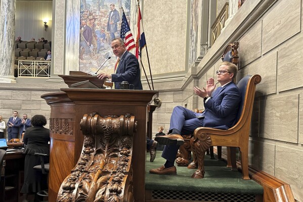 Missouri Lt. Gov. Mike Kehoe, left, and Senate President Pro Tem Caleb Rowden acknowledge guests in the Missouri Senate chamber after lawmakers convened their annual session on Wednesday, Jan. 3, 2024, in Jefferson City, Missouri. (AP Photo/David A. Lieb) David A. Lieb Correspondent US News – State Governments Jefferson City, Missouri Office: 573-636-9415 Mobile: 573-230-1312
