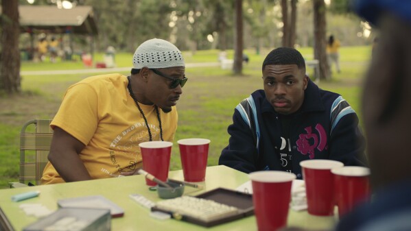 This image released by Netflix shows Kareem Grimes as Uncle Mike and Vince Staples as Vince Staples in an episode of "The Vince Staples Show." (Netflix via AP)