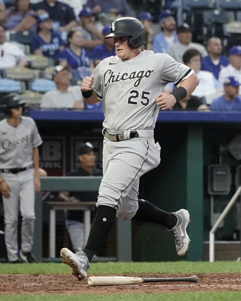 Oscar Colas of the Chicago White Sox celebrates a double against