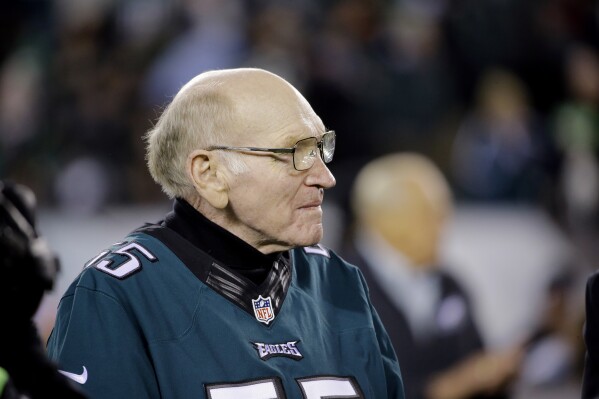 FILE - Former Philadelphia Eagles linebacker Maxie Baughan attends an NFL football game between the Eagles and the New York Giants, Monday, Oct. 19, 2015, in Philadelphia. Baughan, a nine-time Pro Bowl player with the Philadelphia Eagles and College Football Hall of Fame selection at Georgia Tech, has died. He was 85. The Eagles said Baughan died Saturday, Aug. 19, 2023. (AP Photo/Matt Rourke, File)