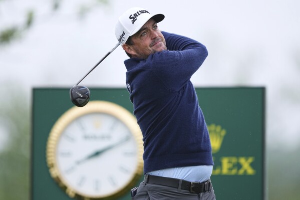 Keegan Bradley hits on the first hole during the second round of the Truist Championship golf tournament at the Philadelphia Cricket Club, Friday, May 9, 2025, in Flourtown. (AP Photo/Matt Rourke)