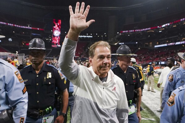FILE - Alabama head coach Nick Saban leaves the field after the Southeastern Conference championship NCAA college football game between Georgia and Alabama, Saturday, Dec. 4, 2021, in Atlanta. Nick Saban, the stern coach who won seven national championships and turned Alabama back into a national powerhouse that included six of those titles in just 17 seasons, is retiring, according to multiple reports, Wednesday, Jan. 10, 2024. (AP Photo/John Bazemore, File)