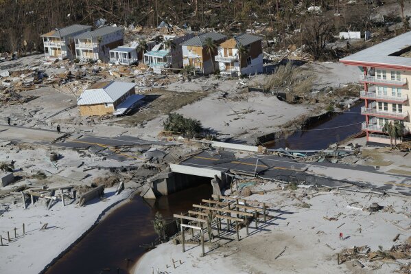 
              This photo shows devastation from Hurricane Michael in this aerial photo over Mexico Beach, Fla., Friday, Oct. 12, 2018. Blocks and blocks of homes were demolished, reduced to piles of splintered lumber or mere concrete slabs, by the most powerful hurricane to hit the continental U.S. in nearly 50 years. (AP Photo/Gerald Herbert)
            
