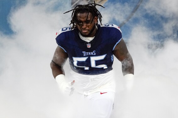 Tennessee Titans guard Aaron Brewer (55) runs onto the field before an NFL preseason football game against the New England Patriots, Friday, Aug. 25, 2023, in Nashville, Tenn. The Titans revamped the entire offensive line and open the season Sunday in New Orleans with a unit returning only one returning starter in Aaron Brewer with right tackle Nicholas Petit-Frere suspended for the first six games. (AP Photo/George Walker IV)