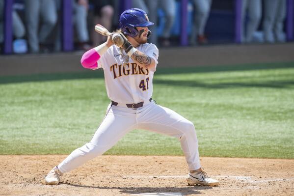 LSU's Tommy White stands at the plate during an NCAA college baseball tournament regional game against Oregon State in Baton Rouge, La., Sunday, June 4, 2023. (Scott Clause/The Daily Advertiser via AP)