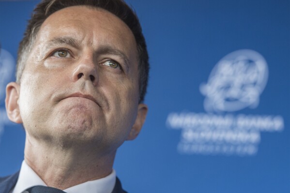 Slovakia's central bank (NBS) governor Peter Kazimir during a press conference on "Rebuilding Europe after the COVID-19 pandemic" in Bratislava, June 29, 2020. (Martin Baumann/TASR via AP, File)