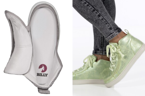 This combination of photos show adaptive shoes by Billy Footwear. More companies are offering adaptive wear and accessories. (Billy Footwear via AP).