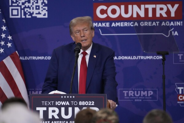 Republican presidential candidate and former President Donald Trump speaks during a rally Saturday, Nov. 18, 2023, in Fort Dodge, Iowa. (AP Photo/Bryon Houlgrave)