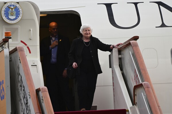 Treasury Secretary Janet Yellen arrives at Beijing Capital International Airport in Beijing, China, Thursday, July 6, 2023. (Pedro Pardo/Pool Photo via AP)