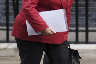 International Monetary Fund Managing Director Kristalina Georgieva arrives in Downing Street for a Cabinet meeting, in London, Tuesday, May 23, 2023. (James Manning/PA via AP)