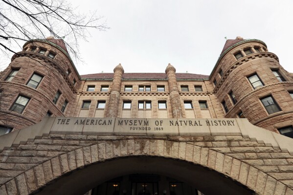 FILE - The south entrance to the American Museum of Natural History is shown, in New York, Wednesday, Jan. 11, 2017. New York’s American Museum of Natural History is closing two halls featuring Native American objects starting Saturday, Jan. 27, 2024, acknowledging that the exhibits are “severely outdated” and contain culturally sensitive items. (AP Photo/Richard Drew, File)