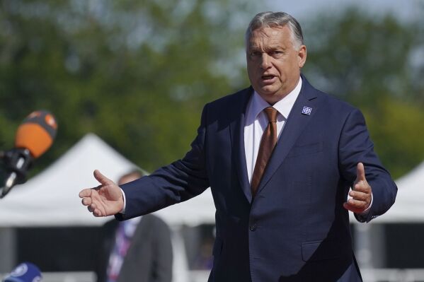 Prime Minister of Hungary Viktor Orban speaks to the media as he arrives to attend the European Political Community summit at Blenheim Palace in Woodstock, Oxfordshire, England, Thursday July 18, 2024. (Jacob King/Pool Photo via ĢӰԺ)