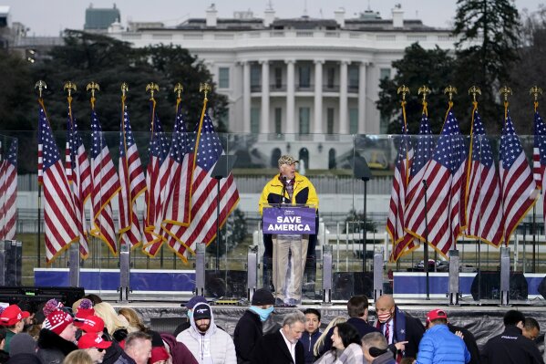 With the White House in the background, Rep. Mo Brooks, R-Ark., speaks Wednesday, Jan. 6, 2021, in Washington, at a rally in support of President Donald Trump called the "Save America Rally." (AP P...