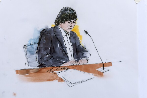 In this courtroom sketch, Ippei Mizuhara, the former longtime interpreter for the Los Angeles Dodgers star Shohei Ohtani appears in federal court in Los Angeles, Tuesday, May 14, 2024. (Bill Robles via AP)