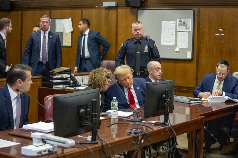 Former President Donald Trump awaits the start of a hearing in New York Criminal Court, Thursday, Jan. 15, 2024, in New York. A New York judge says former President Donald Trump's hush-money trial will go ahead as scheduled with jury selection starting on March 25. (Steven Hirsch/Pool Photo via AP)