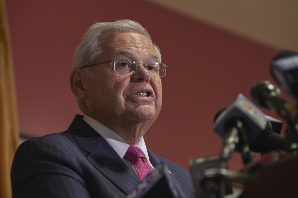 Sen. Bob Menendez speaks during a press conference on Monday, Sept. 25, 2023, in Union City, N.J. Menendez defiantly pushed back against federal corruption charges, saying cash authorities found in his home was from his savings account and was on hand for emergencies, and wasn't bribe proceeds. (AP Photo/Andres Kudacki)