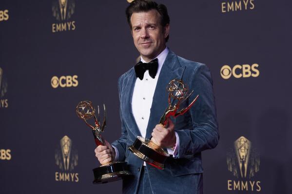 Jason Sudeikis poses for a photo with the award for outstanding lead actor in a comedy series for "Ted Lasso" at the 73rd Primetime Emmy Awards on Sunday, Sept. 19, 2021, at L.A. Live in Los Angeles. (AP Photo/Chris Pizzello)