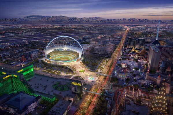 FILE - This rendering provided by the Oakland Athletics on May 26, 2023, shows a view of their proposed new ballpark at the Tropicana site in Las Vegas. Major League Baseball laid out a detailed process to approve the Oakland Athletics move to Las Vegas, which appears set to become the second shift of a franchise in the last half-century. Nevada's Legislature on Wednesday, June 14, approved providing $380 million in taxpayer money for a proposed $1.5 billion, 30,000-seat ballpark with a retractable roof, a bill Gov. Joe Lombardo is expected to sign. (Oakland Athletics via AP, File)