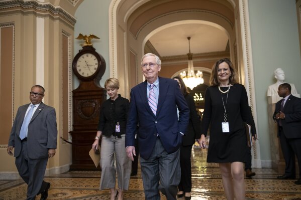 
              Senate Majority Leader Mitch McConnell, R-Ky., walks to the chamber for the final vote to confirm Supreme Court nominee Brett Kavanaugh, at the Capitol in Washington, Saturday, Oct. 6, 2018. (AP Photo/J. Scott Applewhite)
            