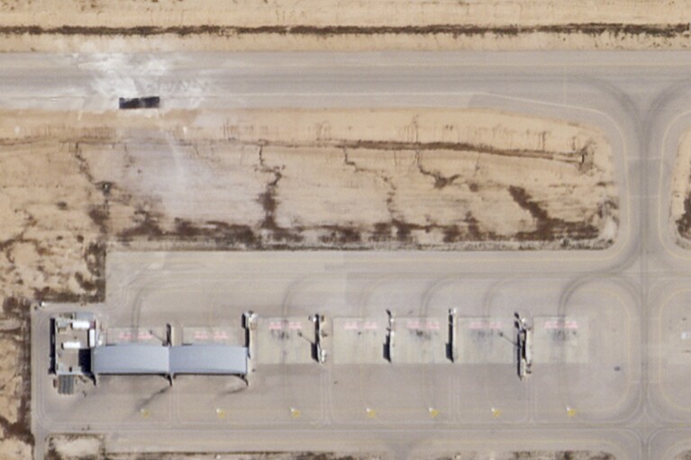 A satellite image taken by Planet Labs PBC shows a corridor repaired after the Iranian attack on Israel's Nevatim air base on Friday, April 19, 2024. An Iranian attack on an Israeli desert air base as part of Tehran's unprecedented assault on the country damaged a corridor, and the satellite image shows Industrial analyzed by the Associated Press on Saturday.  (Planet Labs PBC via AP)