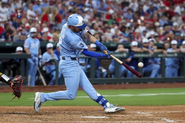 Kansas City Royals' Nick Loftin hits a solo home run during the fifth inning of a baseball game against the St. Louis Cardinals, Tuesday, June 3, 2025, in St. Louis. (AP Photo/Scott Kane)