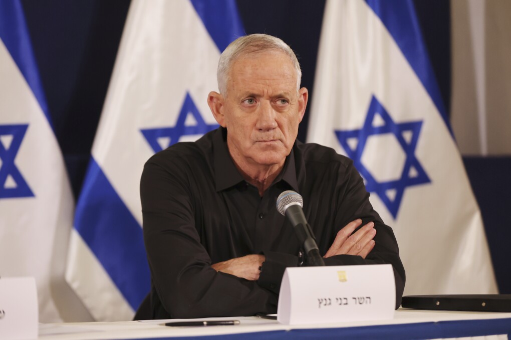 FILE - Israeli Cabinet Minister Benny Gantz attends a press conference in the Kirya military base in Tel Aviv, Israel, on Oct. 28, 2023. (Abir Sultan/Pool Photo via AP, File)