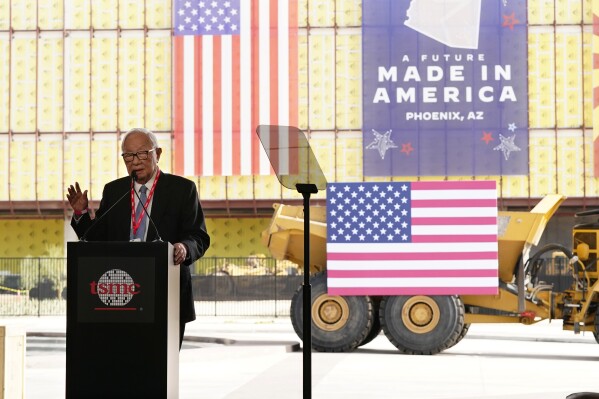 FILE - Taiwan Semiconductor Manufacturing Company founder Morris Chang speaks at the new facility in Phoenix on Dec. 6, 2022. Taiwan will take part in the Asia-Pacific Economic Cooperation forum in San Francisco this week, a rare opportunity for the self-governing island democracy of 23 million people and its high-tech economy to break the diplomatic embargo on it imposed by authoritarian China. Taiwan will represented by a civilian rather than a government figure or head of state, under an unwritten rule that satisfies China's contention that members of the organization participate as economic entities rather than state players. For the seventh time, Taiwan will be represented by Morris Chang, the 92-year-old founder of the world-leading Taiwan Semiconductor Manufacturing Company. (AP Photo/Ross D. Franklin, File)