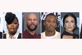 The combination photo shows, from left, W. Kamau Bell, Yvette Nicole Brown, Common, Lecrae, Mandy Moore and Kerry Washington. For months, actors, sports stars, musicians and other celebrities have been using their platforms to call for justice in the police shooting death of Breonna Taylor. After a grand jury indicted one of the Kentucky police officers on criminal charges, but not for her death, celebrities reacted to the news mostly negatively. (AP Photo)