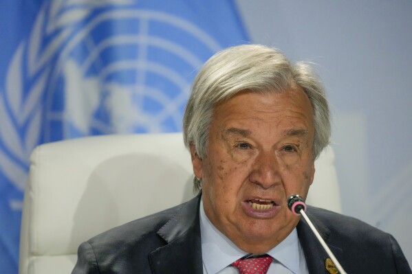 FILE - United Nations General Secretary António Guterres addresses a news conference during the BRICS summit in Johannesburg, South Africa, Thursday, Aug. 24, 2023. The United Nations chief is going globetrotting to four major meetings before the biggest meeting of all – the annual gathering of world leaders at the U.N. General Assembly starting Sept. 18. (AP Photo/Themba Hadebe, File)