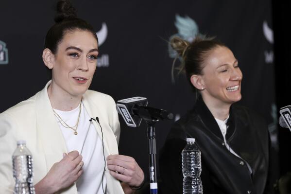 New York Liberty forward Breanna Stewart, left, and guard Courtney Vandersloot participate in a WNBA basketball news conference, Thursday, Feb. 9, 2023, in New York. (AP Photo/Jessie Alcheh)