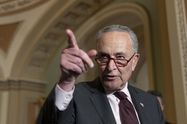Senate Majority Leader Chuck Schumer of N.Y., calls on a reporter as he speaks after a Democratic policy luncheon, Tuesday, Oct. 19, 2021, on Capitol Hill in Washington. (AP Photo/Jacquelyn Martin)