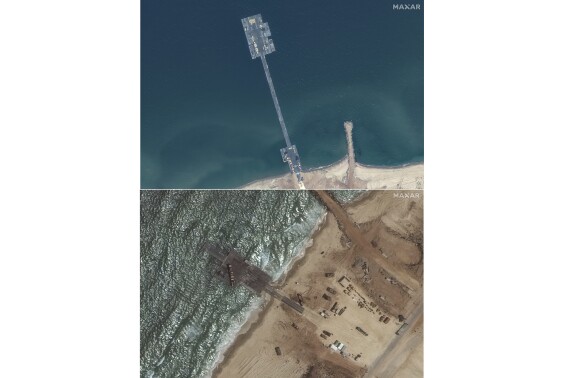 These images released by Maxar Technologies shows the newly completed pier on the Gaza Strip on May 18, 2024, top, and ther emaining section of the temporary pier on May 29, 2024. A string of security, logistical and weather problems have battered the plan to deliver desperately needed humanitarian aid to Gaza through a U.S. military-built pier. Broken apart by strong winds and heavy seas just over a week after it became operational, critics complain that the project hasn’t lived up to its initial billing or its $320 million price tag.(Satellite images ©2024 Maxar Technologies via AP)