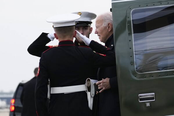 President Joe Biden arrives on Marine One at Minneapolis–Saint Paul International Airport in St. Paul, Minn., Wednesday, Nov. 1, 2023, after speaking in Northfield, Minn. (AP Photo/Andrew Harnik)