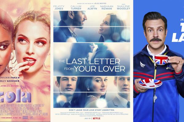 This combination photo shows promotional art for the film "Zola" available on Video on Demand Friday, left, "The Last Letter From Your Lover," a film premiering Friday on Netflix and "Ted Lasso," premiering its second season Friday on Apple TV+. (A24/Netflix/Apple TV+ via AP)