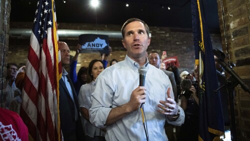 FILE - Gov. Andy Beshear speaks to his supporters during a general election campaign stop at Spencer's Coffee in downtown Bowling Green, Ky., May 19, 2023. Beshear touted robust revenue collections in Kentucky as another sign of a surging state economy Thursday, July 13, building on a theme he has made a cornerstone of his reelection bid in a state that Republicans have dominated in recent years. (Grace Ramey/Daily News via AP, File)