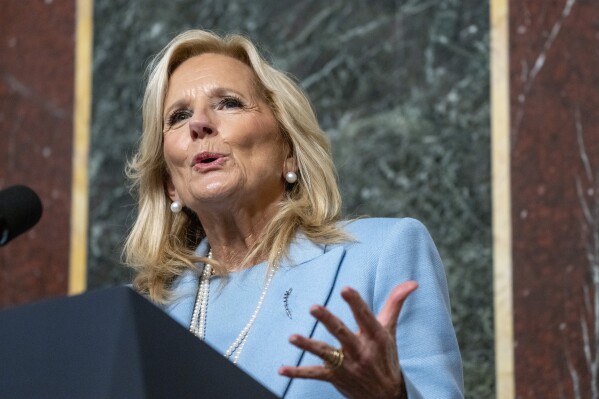 First lady Jill Biden speaks about gun violence during a White House Office of Gun Violence Prevention event with K-12 principals in the Eisenhower Executive Office Building, Thursday, Jan. 25, 2024, on the White House complex in Washington. (AP Photo/Jacquelyn Martin)