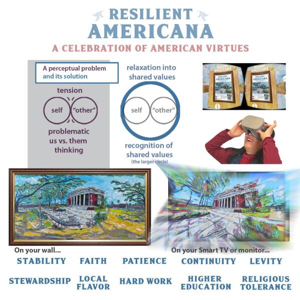 Resilient Americana: Virtual Reality Painting Gallery launches as a virtual reality gallery showcasing Dave Alber’s Hybrid VR Paintings™ celebrating American virtues. This VR gallery is available online. The exhibition showcases virtual reality paintings of small town America and American cultural sites as reflections on the resilience of American virtues during difficult times.
