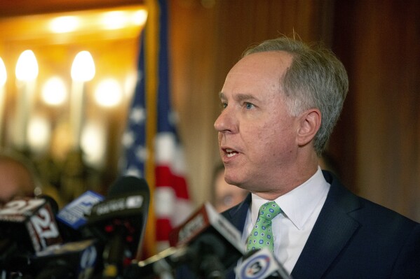 FILE - Speaker of the Wisconsin State Assembly Robin Vos speaks during a press conference at the Wisconsin State Capitol in Madison, Wis., on Feb. 15, 2023. Prosecutors in three Wisconsin counties declined to pursue felony charges against former President Donald Trump's fundraising committee and a Republican state lawmaker related to an effort to unseat Assembly Speaker Robin Vos. (Samantha Madar/Wisconsin State Journal via AP, File)