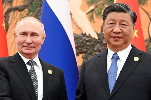 FILE - Chinese President Xi Jinping, right, and Russian President Vladimir Putin pose for a photo prior to their talks on the sidelines of the Belt and Road Forum in Beijing, China, on Wednesday, Oct. 18, 2023. President Putin will make a two-day state visit to China this week, the Chinese Foreign Ministry said Tuesday, May 14, 2024.(Sergei Guneyev, Sputnik, Kremlin Pool Photo via AP, File)