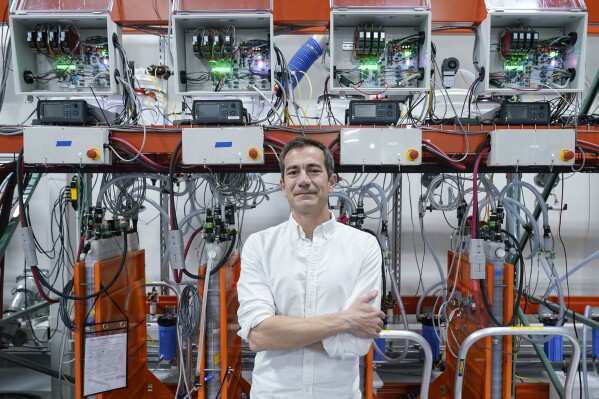 Mateo Jaramillo, CEO and co-founder of Form Energy, poses for a photograph inside the company's lab, Thursday, June 8, 2023, in Berkeley, Calif. The company recently broke ground on its first commercial-scale iron-air battery manufacturing facility in West Virginia. (AP Photo/Godofredo A. Vásquez)