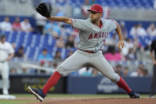 Los Angeles Angels starting pitcher Tyler Anderson (31) aims a pitch during the first inning of a baseball game against the Miami Marlins, Tuesday, April 2, 2024, in Miami. (AP Photo/Marta Lavandier)