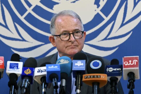 United Nations Special Rapporteur on the situation of Human Rights in Afghanistan, Richard Bennett, speaks during a news conference in Kabul, Afghanistan, Thursday, May 26, 2022. (AP Photo/Ebrahim Noroozi)