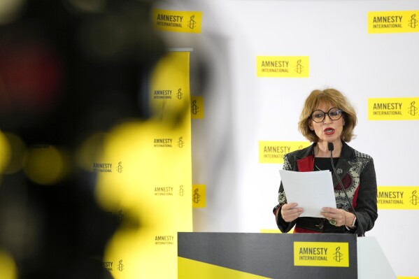 EMBARGOED UNTIL 00.01 UTC APRIL 24,2024 Agnes Callamard, Secretary General of Amnesty International, speaks at a press conference in London, ahead of the launch of 'The State of the World's Human Rights', its annual report on the global human rights situation, Tuesday, April 23, 2024. The report will be published on Wednesday April 24, covering 155 countries and including regional and global analyses, it provides the most comprehensive overview of human rights trends and developments in the world today. (AP Photo/Kirsty Wigglesworth)