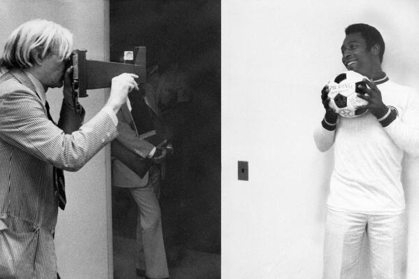 FILE - In this July 27, 1977, file photo, pop artist Andy Warhol, left, makes a photograph of Pele for use in painting a portrait of the soccer superstar in New York. (AP Photo/Claudia Larson, File)