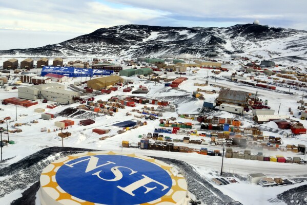 FILE - McMurdo Station is photographed from the air on Oct. 27, 2014. From Sunday, Oct. 1, 2023, workers at the main United States base in Antarctica will no longer be able to walk into a bar and order a beer, after the federal agency which oversees the research program on the ice decided to stop serving alcohol. (National Science Foundation via AP, File)