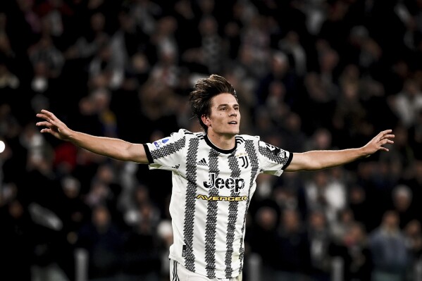 FILE - Juventus' Nicolo Fagioli celebrates after scoring the team's second goal, during the Serie A soccer match between Juventus and Inter at Juventus Stadium, Turin, Italy, on Nov. 6, 2022. Nicolò Fagioli has been included in Italy’s provisional squad for the European Championship despite having only just returned from a seven-month ban for betting violations. Luciano Spalletti announced a provisional 30-man squad on Thursday for Italy’s defense of its title. (Marco Alpozzi/LaPresse via AP, File)