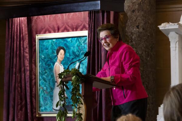 Billy Jean King, tennis icon and gender equality advocate, speaks after helping unveil a portrait of the late Rep. Patsy Mink of Hawaii, the first Asian-American woman elected to Congress and who helped pass the Title IX Amendment to prohibit sex-based discrimination in federal programs, at the Capitol in Washington, Thursday, June 23, 2022. (AP Photo/J. Scott Applewhite)