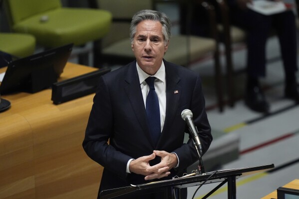 U.S. Secretary of State Antony Blinken speaks at a high-level meeting on sea level rise during the 79th session of the United Nations General Assembly, Wednesday, Sept. 25, 2024, at the UN headquarters. (AP Photo/Julia Demaree Nikhinson)